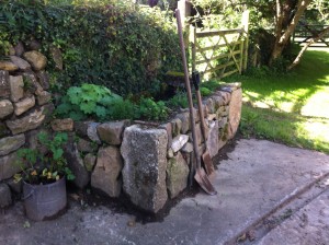 Concrete cattle trough faced in granite to form a pond with a bedded planter.