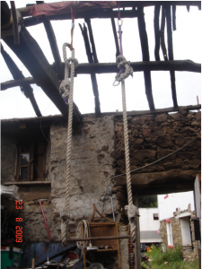 You can see the roof truss prior to cutting and dropping into place as a floor joist. It was rotten at the ends but was lovely antique oak. we were very pleased to be able to reuse it.