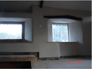 Up stairs you can see the old roofing timbers used to form fake lintels facing the ring-beam. We created a conduit at skirting board hight to take the power ring . Meaning they can be serviced and altered with minimal hassle.